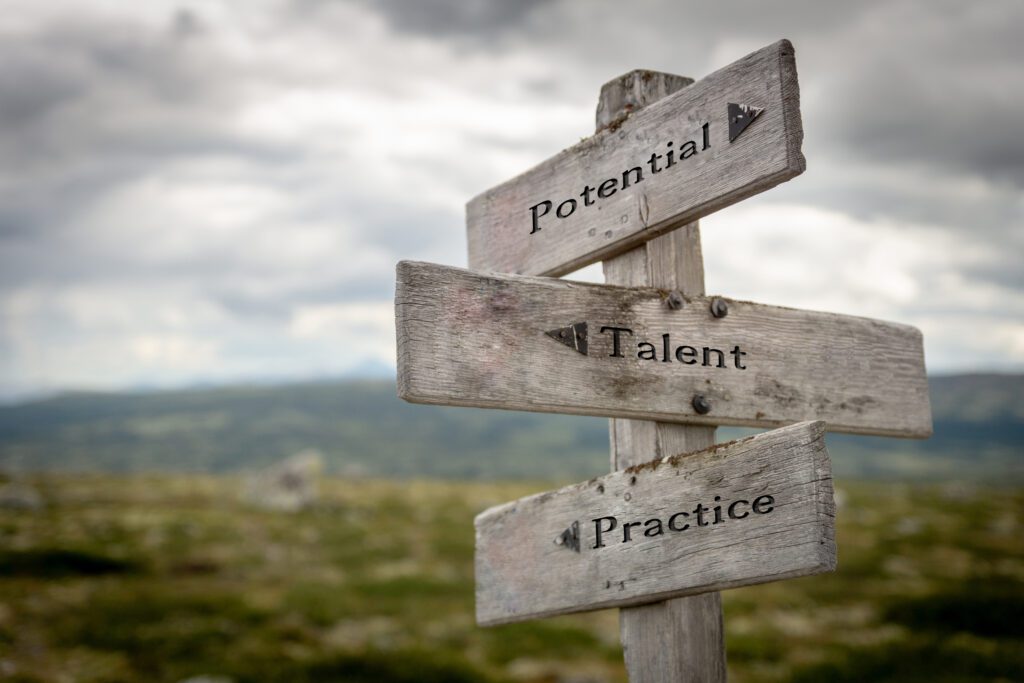 potential, talent and practice text on wooden road sign outdoors in nature.